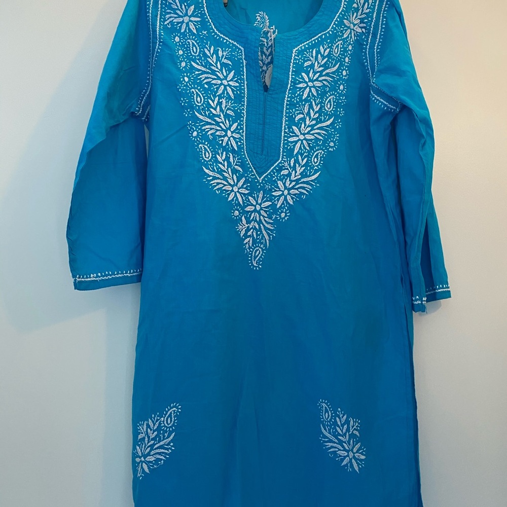 Boho Tunic Turquoise Blue Reworked Vintage - Picture 4 of 9